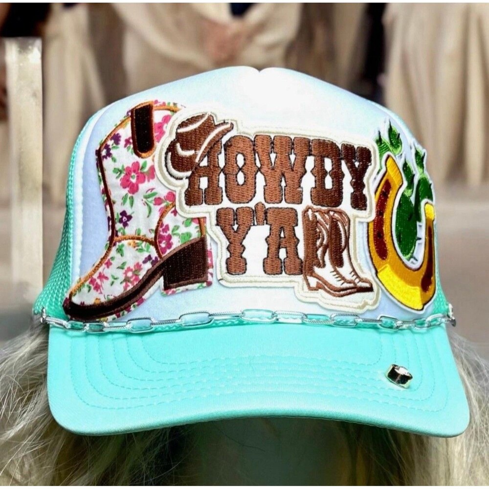 SeaFoam Green Howdy Yall Cowgirl Layered Trucker Hat w/Cap Chain Visor Jewelry